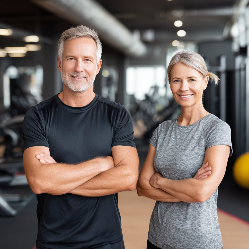 Smiling middle-aged Ukrainian man and woman in fitness attire standing confidently in a modern gym environment